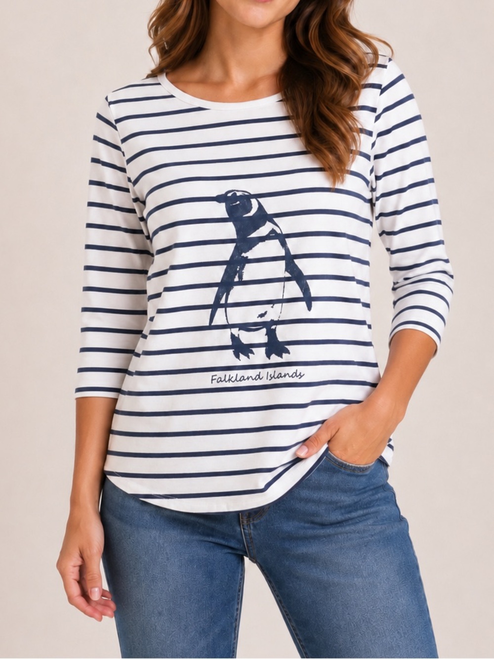 Striped Long Sleeve T-Shirt w/ Penguin – Falkland Islands – Size Small